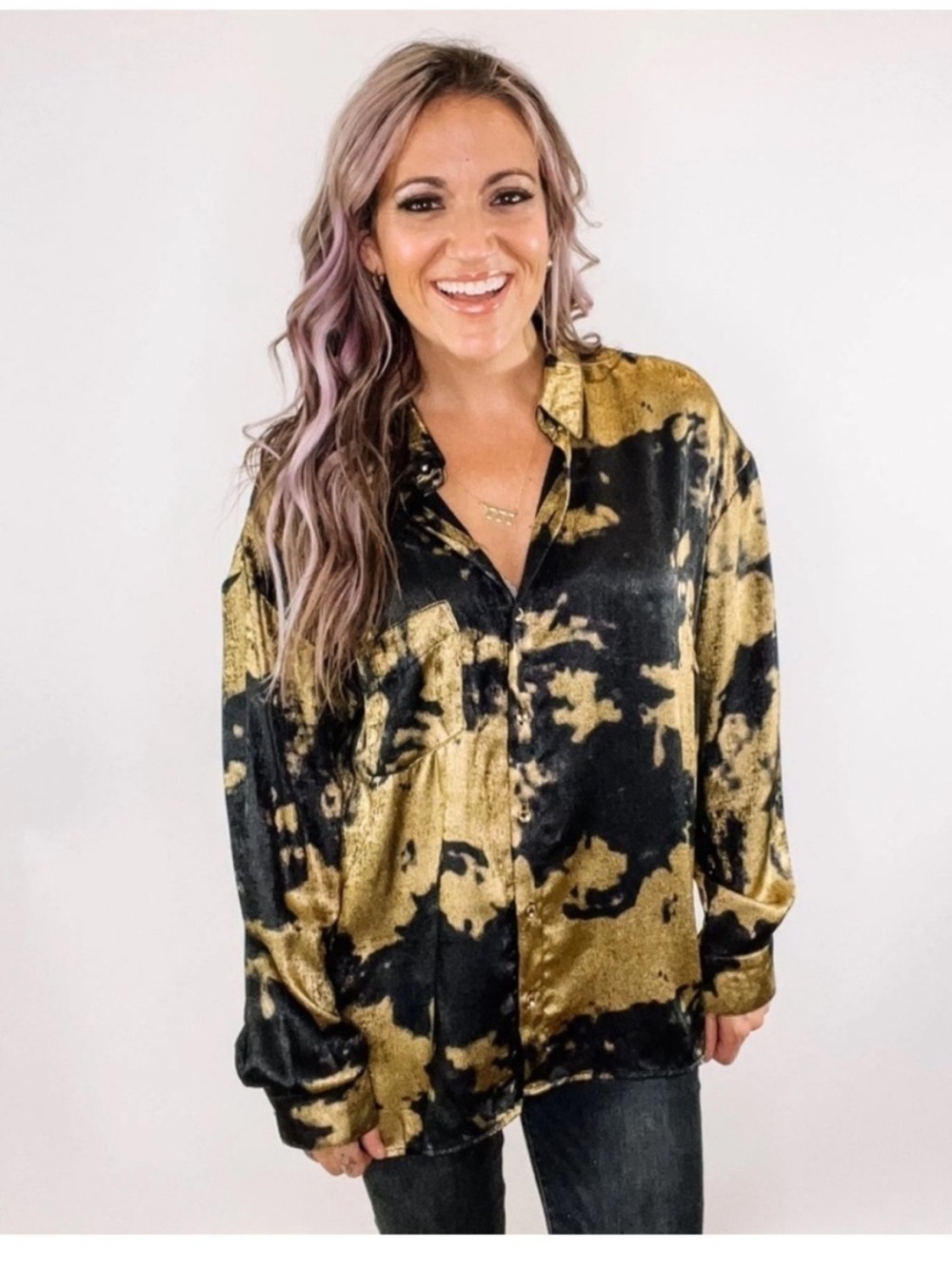 Jodifl Metallic Gold Black Oversized Button Up Blouse Top Small